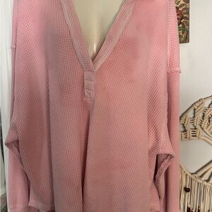 Aerie XL Pink Waffle Knit V-Neck Top OVERSIZED